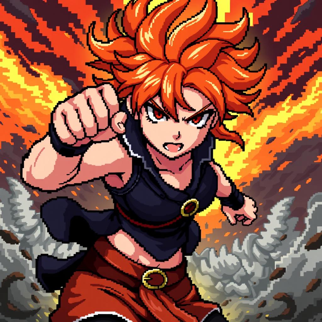 A detailed pixel art depiction of Meroleona, a character from Black Clover, in an intense fighting pose