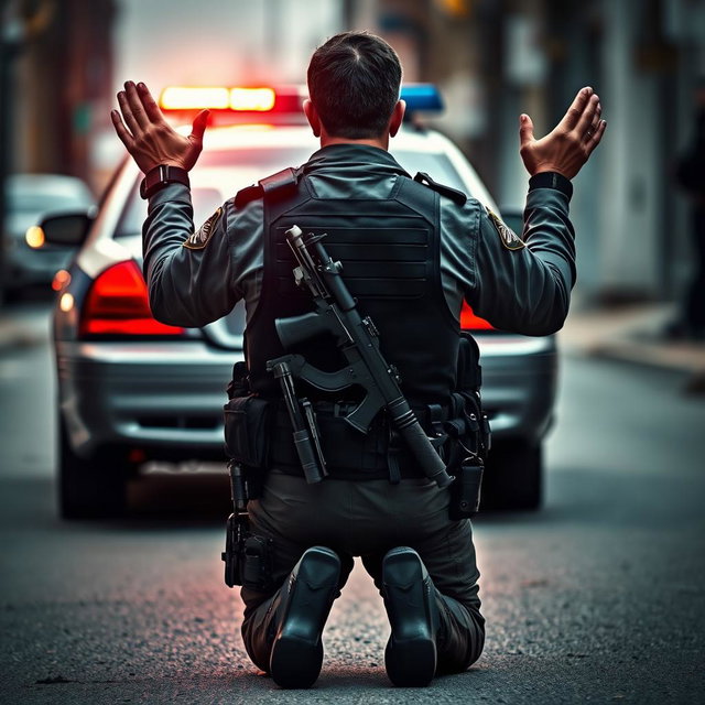 V-Shape Policeman in Tactical Gear: Surrendering Stance