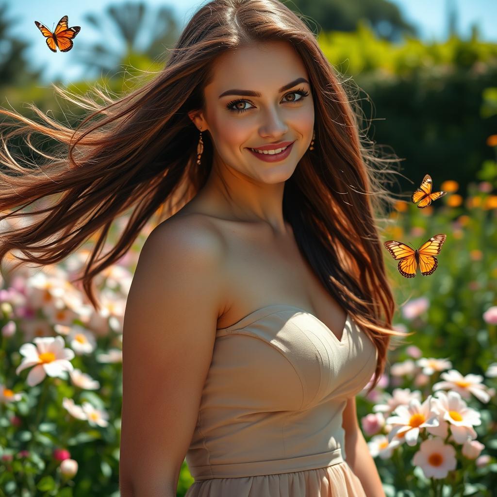 A stunning portrait of a woman with flowing long hair, wearing an elegant dress, standing in a sunlit garden surrounded by blooming flowers