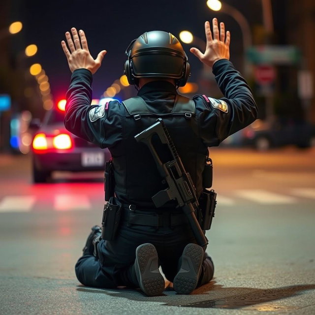 V-Shape Policeman in Tactical Gear: Surrendering Stance