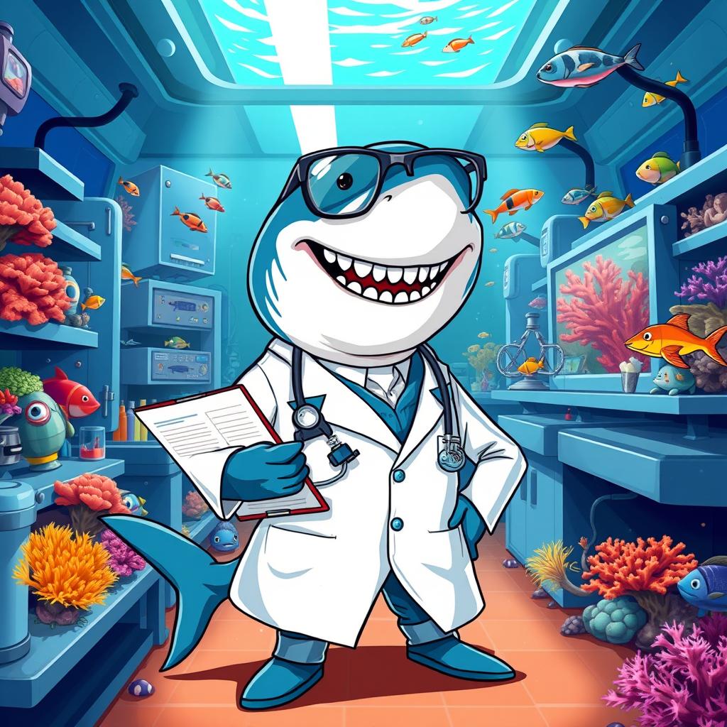 A dynamic and detailed illustration of a shark wearing a lab coat and glasses, embodying the persona of a doctor
