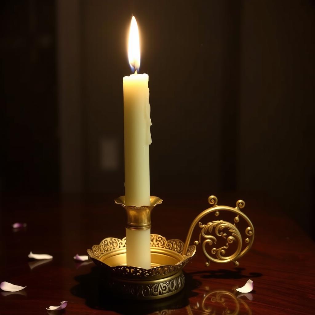 A beautifully designed ornate candle holder made of brass, with intricate details and patterns, holding a tall white candle that is partially melted