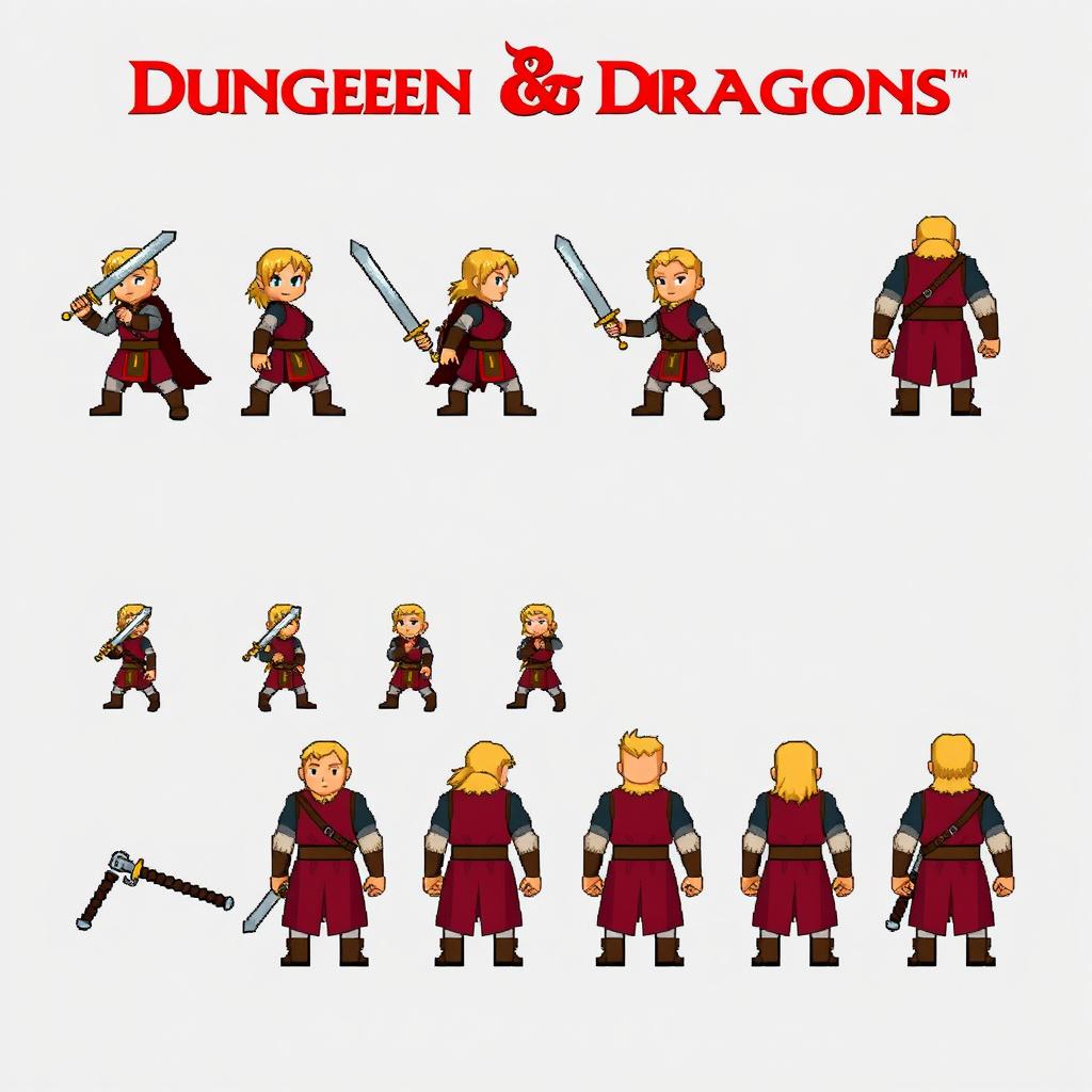 A sprite sheet for a Dungeons and Dragons-inspired pixel art game character