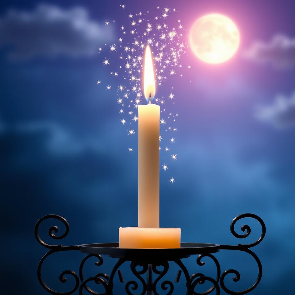 A stunning candle holder made of dark wrought iron, elegantly designed, with a tall white candle in the center