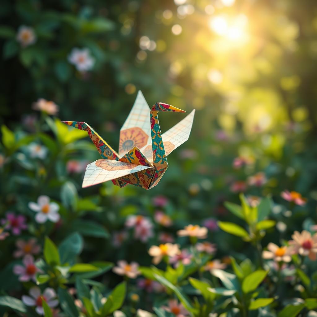 A beautifully detailed, colorful origami crane paper model, meticulously crafted with vibrant patterns and colors