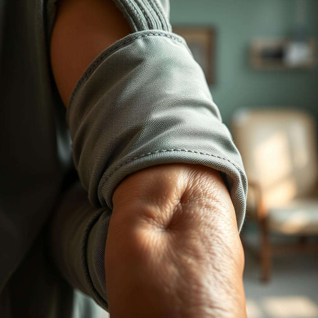 A detailed close-up of a human arm in a sling, showcasing the texture of the fabric and the skin tone of the arm