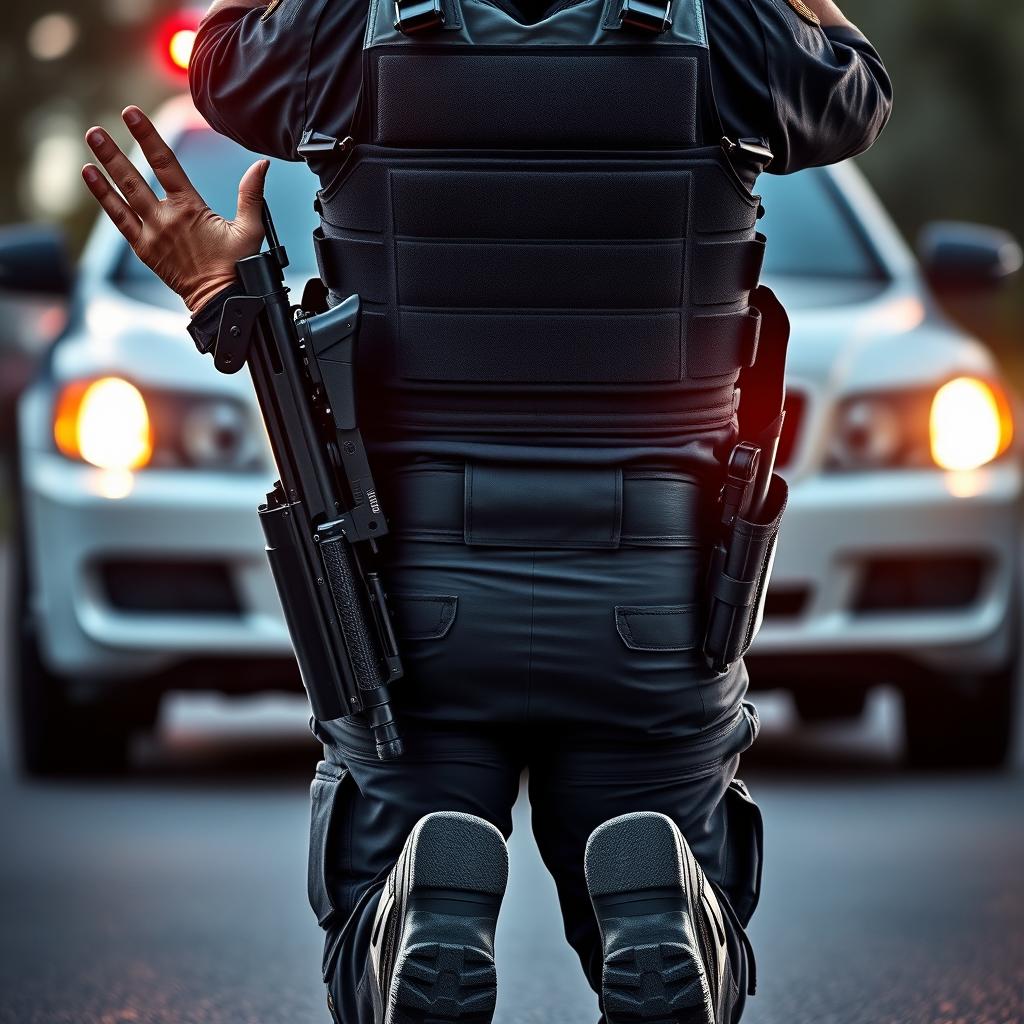 V-Shape Policeman in Tactical Gear: Surrendering Stance