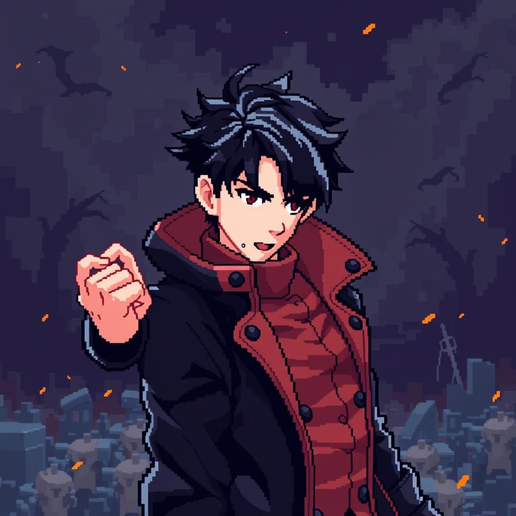 A detailed pixel art representation of the protagonist Sung Jin-Woo from 'Solo Leveling'