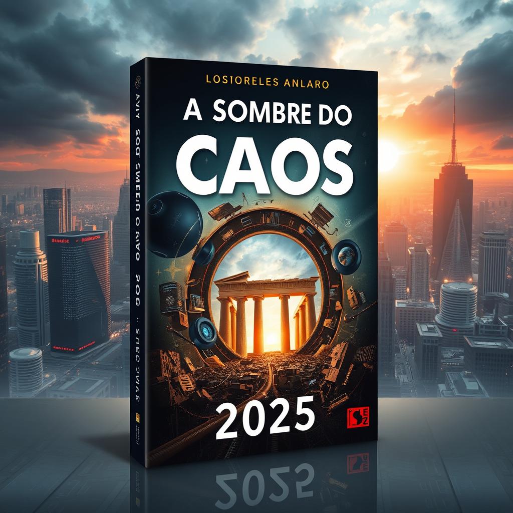A captivating book cover design featuring the title "A Sombra do Caos" prominently displayed at the top, with the subtitle "2025" just below it
