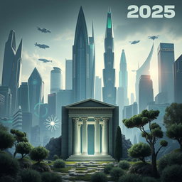 A futuristic cityscape in 2025, with sleek skyscrapers and advanced technologies like floating cars, holograms, and green architecture dominating the background