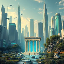 A futuristic cityscape in 2025, with sleek skyscrapers and advanced technologies like floating cars, holograms, and green architecture dominating the background