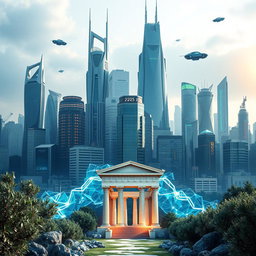 A futuristic cityscape in 2025, with sleek skyscrapers and advanced technologies like floating cars, holograms, and green architecture dominating the background