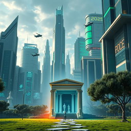 A futuristic cityscape in 2025, with sleek skyscrapers and advanced technologies like floating cars, holograms, and green architecture dominating the background