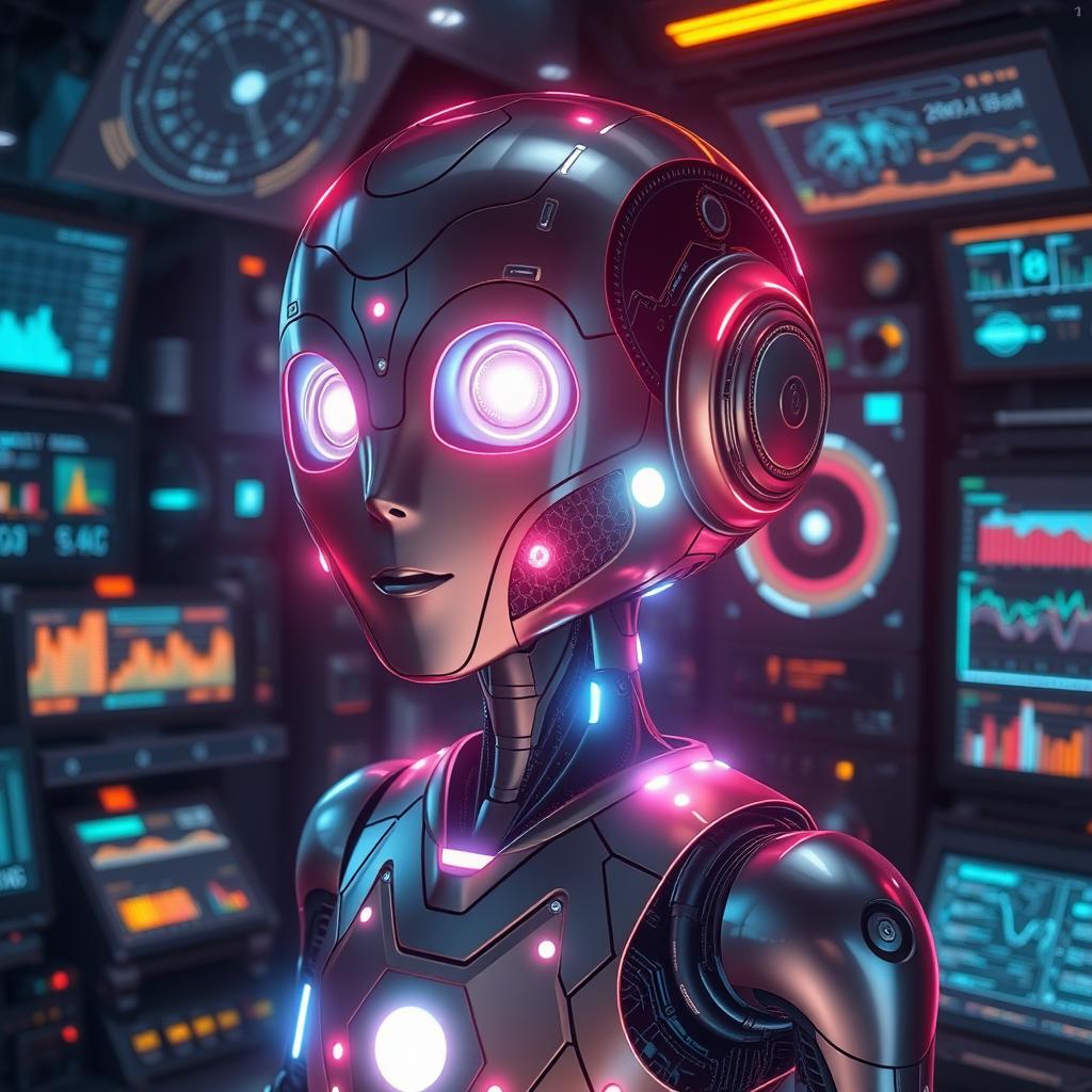 A futuristic robot AI in a sleek metallic design, displaying intricate circuitry and glowing lights