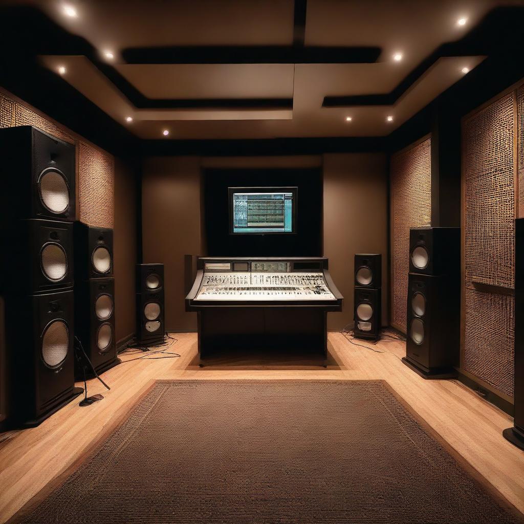 A professional recording studio filled with high-end music production equipment such as mixing consoles, microphones, amplifiers, and soundproofed walls. The room is dimly lit, creating an immersive and creative atmosphere.