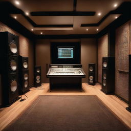 A professional recording studio filled with high-end music production equipment such as mixing consoles, microphones, amplifiers, and soundproofed walls. The room is dimly lit, creating an immersive and creative atmosphere.