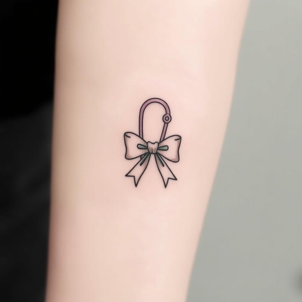 A minimal tattoo design featuring a delicate safety pin intertwined with a stylish bow, emphasizing clean lines and a simplistic aesthetic
