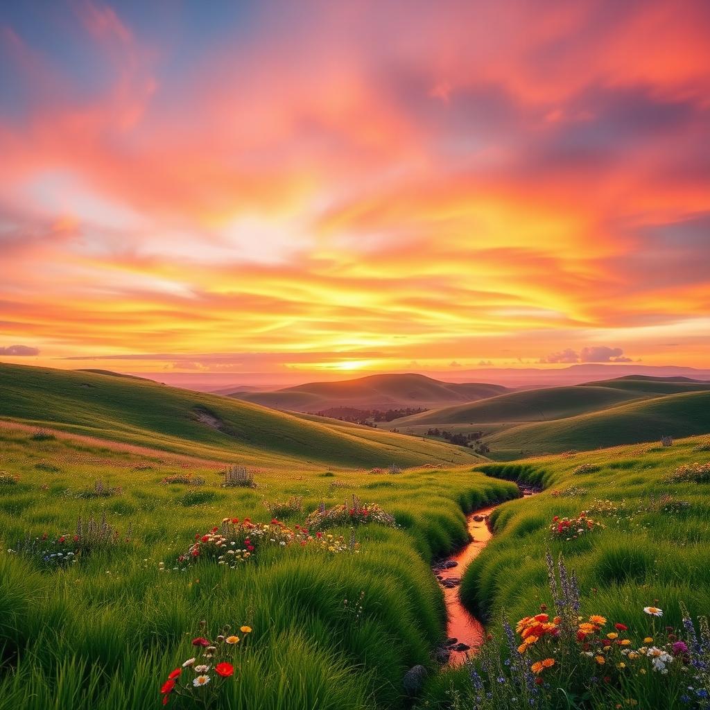 A beautiful landscape with rolling hills and a vibrant sunset in the background