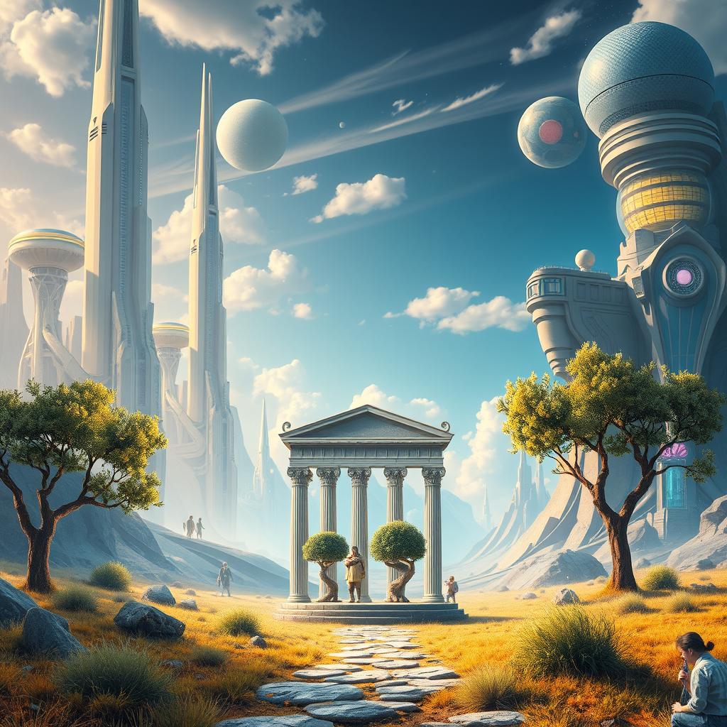 A dreamy, surreal landscape showcasing futuristic buildings and advanced technologies in the background, with a small, whimsical portal that leads to ancient Greece, featuring iconic elements like columns and olive trees