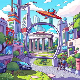 A vibrant and playful cartoon-style illustration depicting a futuristic cityscape with modern buildings and advanced technologies in the background, such as flying cars, holograms, and lush greenery