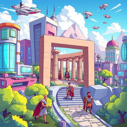 A vibrant and playful cartoon-style illustration depicting a futuristic cityscape with modern buildings and advanced technologies in the background, such as flying cars, holograms, and lush greenery