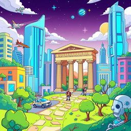 A vibrant and playful cartoon-style illustration depicting a futuristic cityscape with modern buildings and advanced technologies in the background, such as flying cars, holograms, and lush greenery