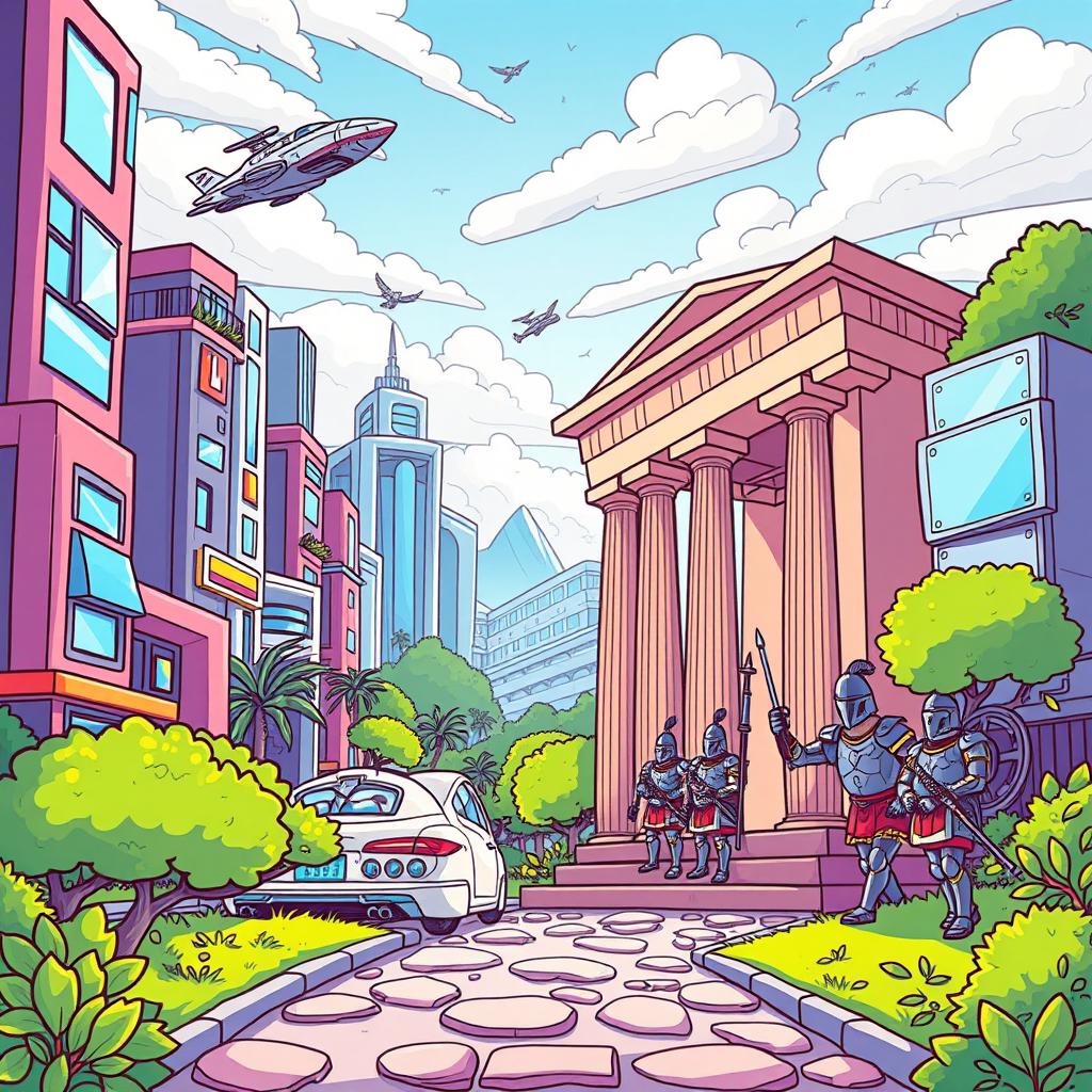 A vibrant and playful cartoon-style illustration depicting a futuristic cityscape with modern buildings and advanced technologies in the background, such as flying cars, holograms, and lush greenery