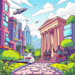A vibrant and playful cartoon-style illustration depicting a futuristic cityscape with modern buildings and advanced technologies in the background, such as flying cars, holograms, and lush greenery