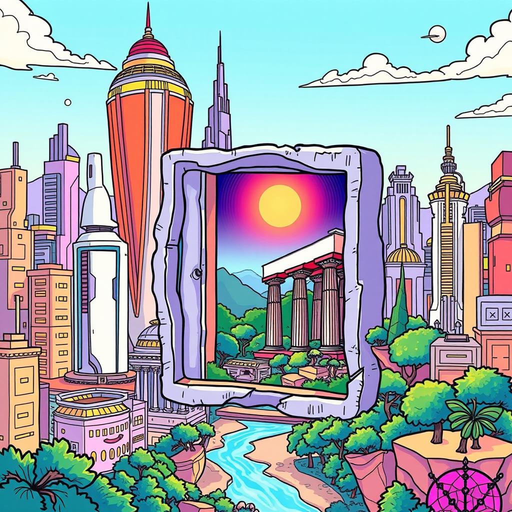 A vibrant and detailed illustration featuring a modern city skyline with futuristic buildings and advanced technology in the background