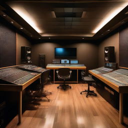 A professional recording studio filled with high-end music production equipment such as mixing consoles, microphones, amplifiers, and soundproofed walls. The room is dimly lit, creating an immersive and creative atmosphere.