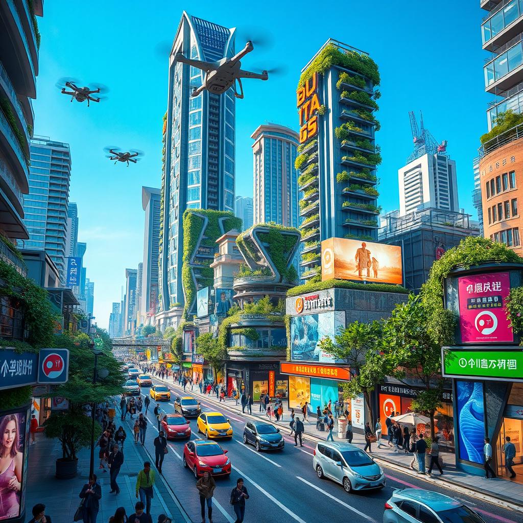 A futuristic city in the year 2025, bustling with activity