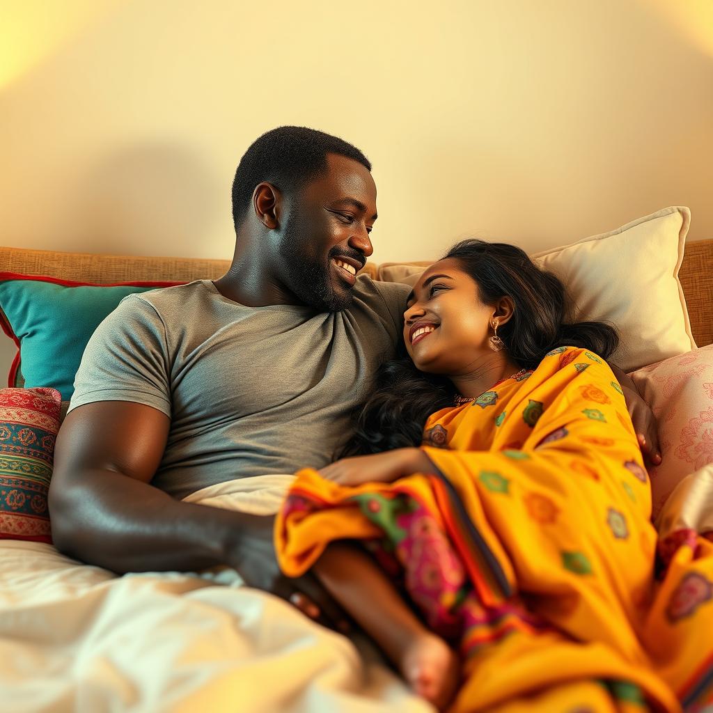 A cozy and intimate scene featuring a strong Black man and a beautiful Burmese woman lying on a bed