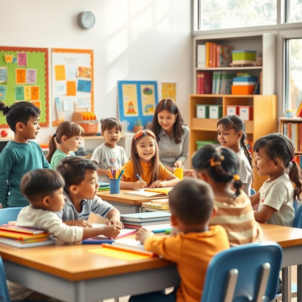 A vibrant classroom scene showing diverse children engaged in various educational activities, with colorful wall posters, books, and school supplies scattered around