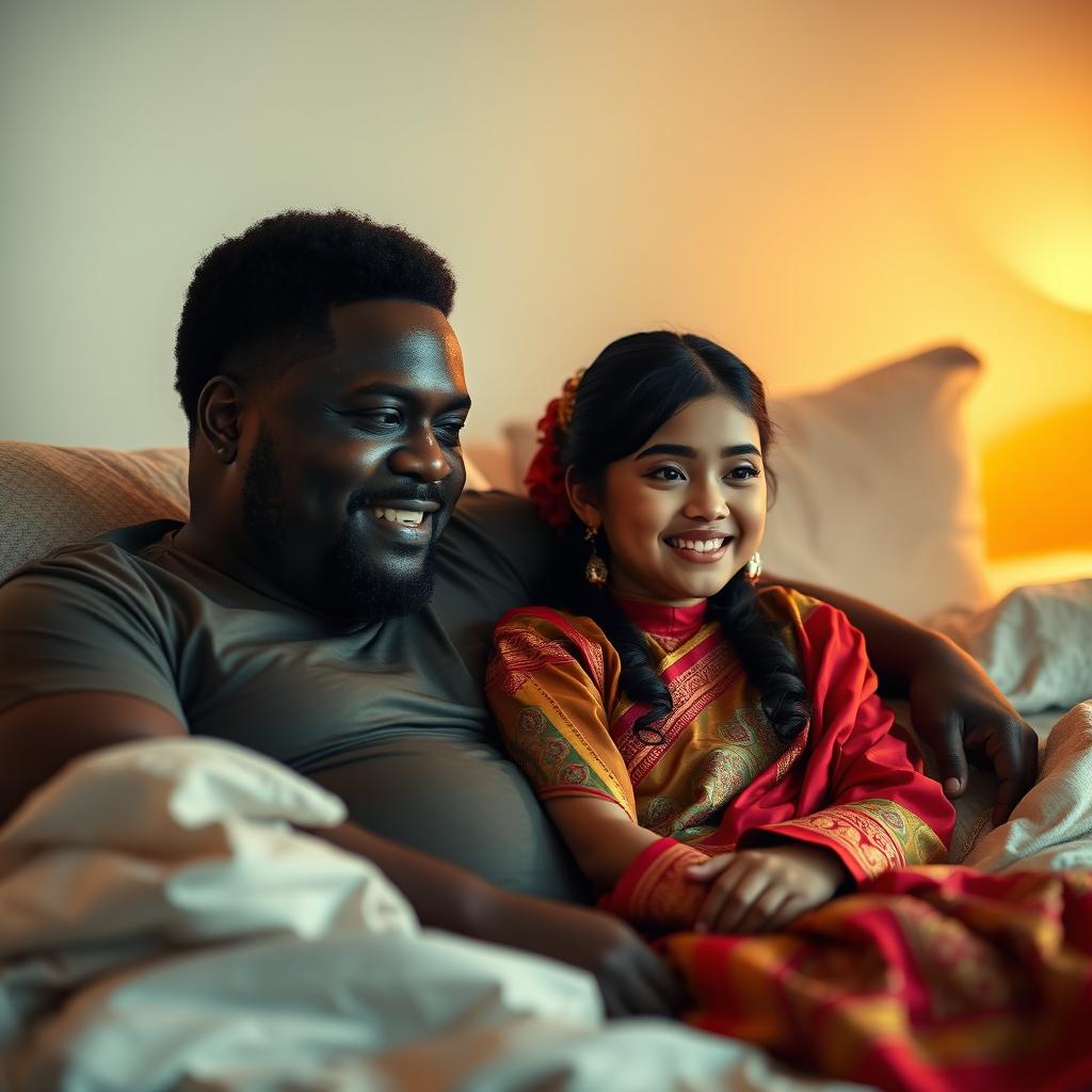 An intimate and cozy scene featuring a big Black man and a beautiful girl dressed in traditional Myanmar attire, sitting together on a bed
