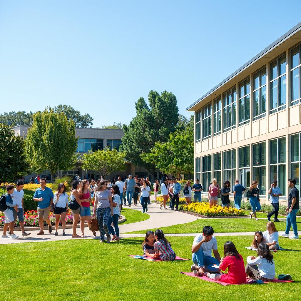 A picturesque school campus featuring a modern building with large windows, surrounded by lush greenery and colorful flower beds