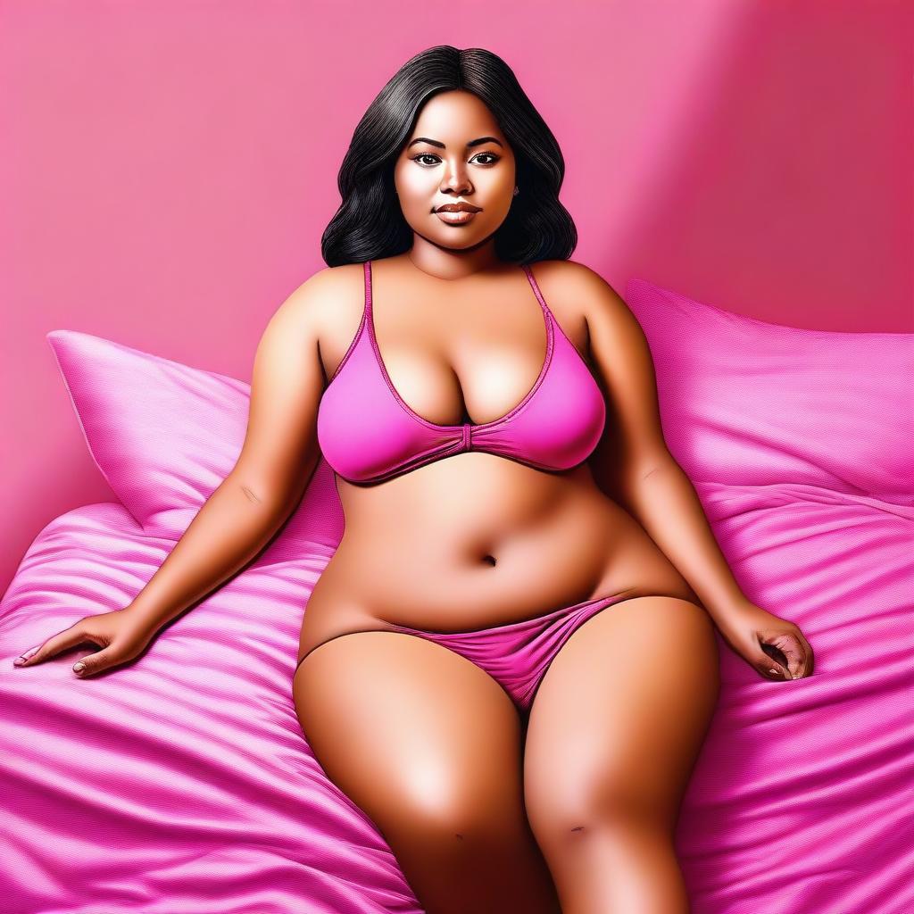 A digital art image featuring a petite woman with ample curves, seated on a comfortable bed