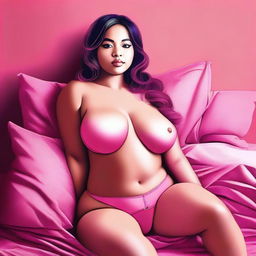 A digital art image featuring a petite woman with ample curves, seated on a comfortable bed