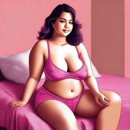 A digital art image featuring a petite woman with ample curves, seated on a comfortable bed