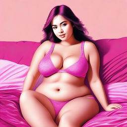 A digital art image featuring a petite woman with ample curves, seated on a comfortable bed