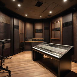 A professional recording studio filled with high-end music production equipment such as mixing consoles, microphones, amplifiers, and soundproofed walls. The room is dimly lit, creating an immersive and creative atmosphere.