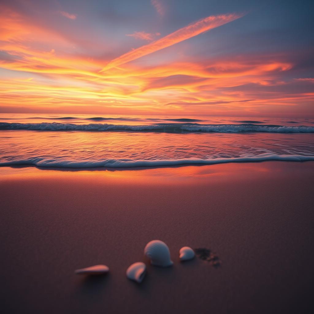 A vibrant sunset over a serene beach, with soft waves lapping against the shoreline