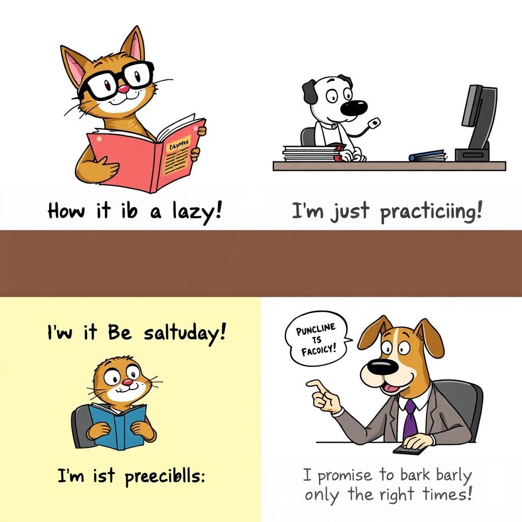 A series of humorous punchline illustrations featuring playful cartoon characters in various comedic situations