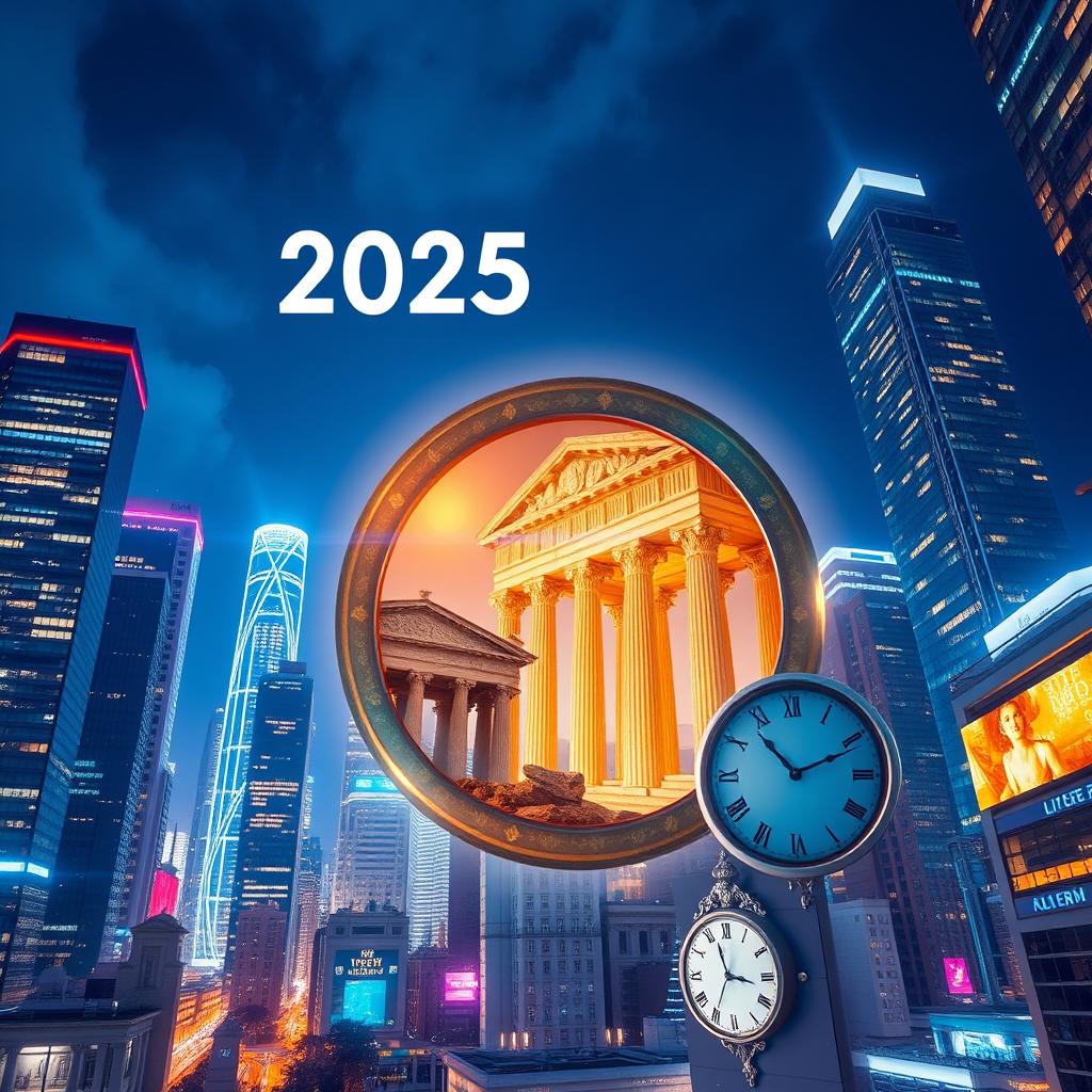 A vibrant modern city in 2025, featuring tall skyscrapers and bright lights illuminating the night sky