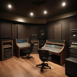 A professional recording studio filled with high-end music production equipment such as mixing consoles, microphones, amplifiers, and soundproofed walls. The room is dimly lit, creating an immersive and creative atmosphere.