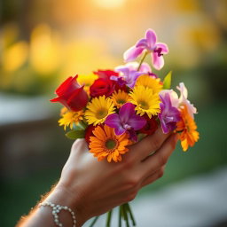 A close-up of a man's hand delicately holding a beautiful bouquet of colorful flowers, including red roses, yellow daisies, and violet orchids