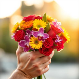A close-up of a man's hand delicately holding a beautiful bouquet of colorful flowers, including red roses, yellow daisies, and violet orchids