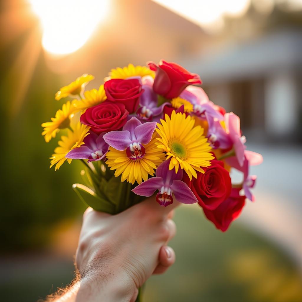 A close-up of a man's hand delicately holding a beautiful bouquet of colorful flowers, including red roses, yellow daisies, and violet orchids