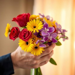 A close-up of a man's hand delicately holding a beautiful bouquet of colorful flowers, including red roses, yellow daisies, and violet orchids
