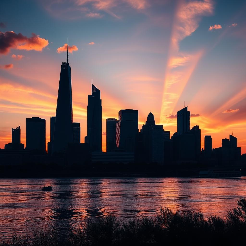 A stunning silhouette of a large modern city against a vibrant sunset sky