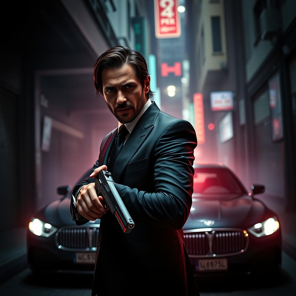 A stylish, intense action scene inspired by the 'John Wick' film series, featuring a well-dressed man with a sleek black suit and a determined expression, standing in a dimly lit, modern urban setting